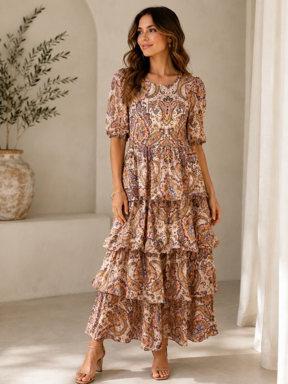 Kachel x Anthropologie Paisley Tiered Maxi Dress Medium Puff Sleeve Boho - Picture 1 of 10